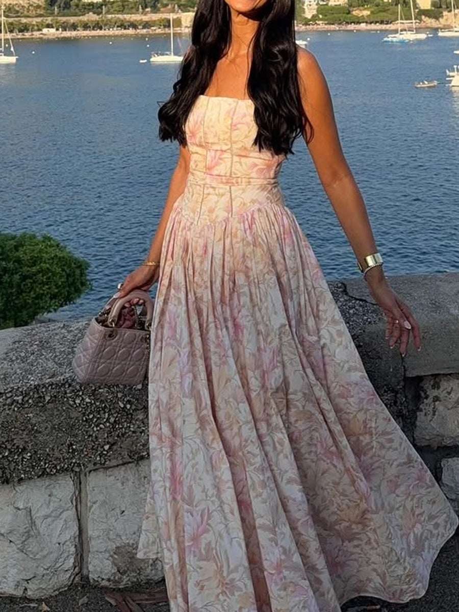 Printed Strapless Dress Summer Fitted Backless Long Dress Elegant High-End Style Beautiful Summer Dress