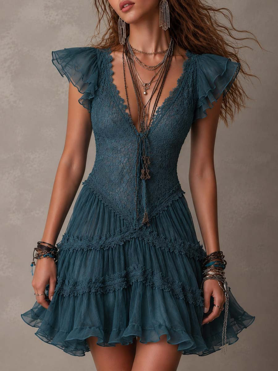 Lace Flutter Sleeve Dress for Women, Fitted Waist with Tie Strap, Layered Tulle Cake Mini Skirt