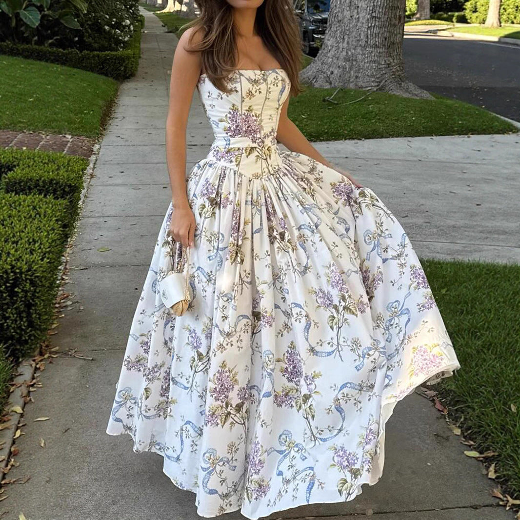 Printed Strapless Dress Summer Fitted Backless Long Dress Elegant High-End Style Beautiful Summer Dress